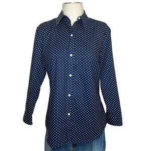 Lauren Ralph Lauren no iron navy blue & white polka dot ¾ sleeve blouse XL